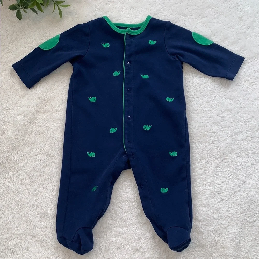 Little Me Navy Blue & Green Whale Footie 6M EUC